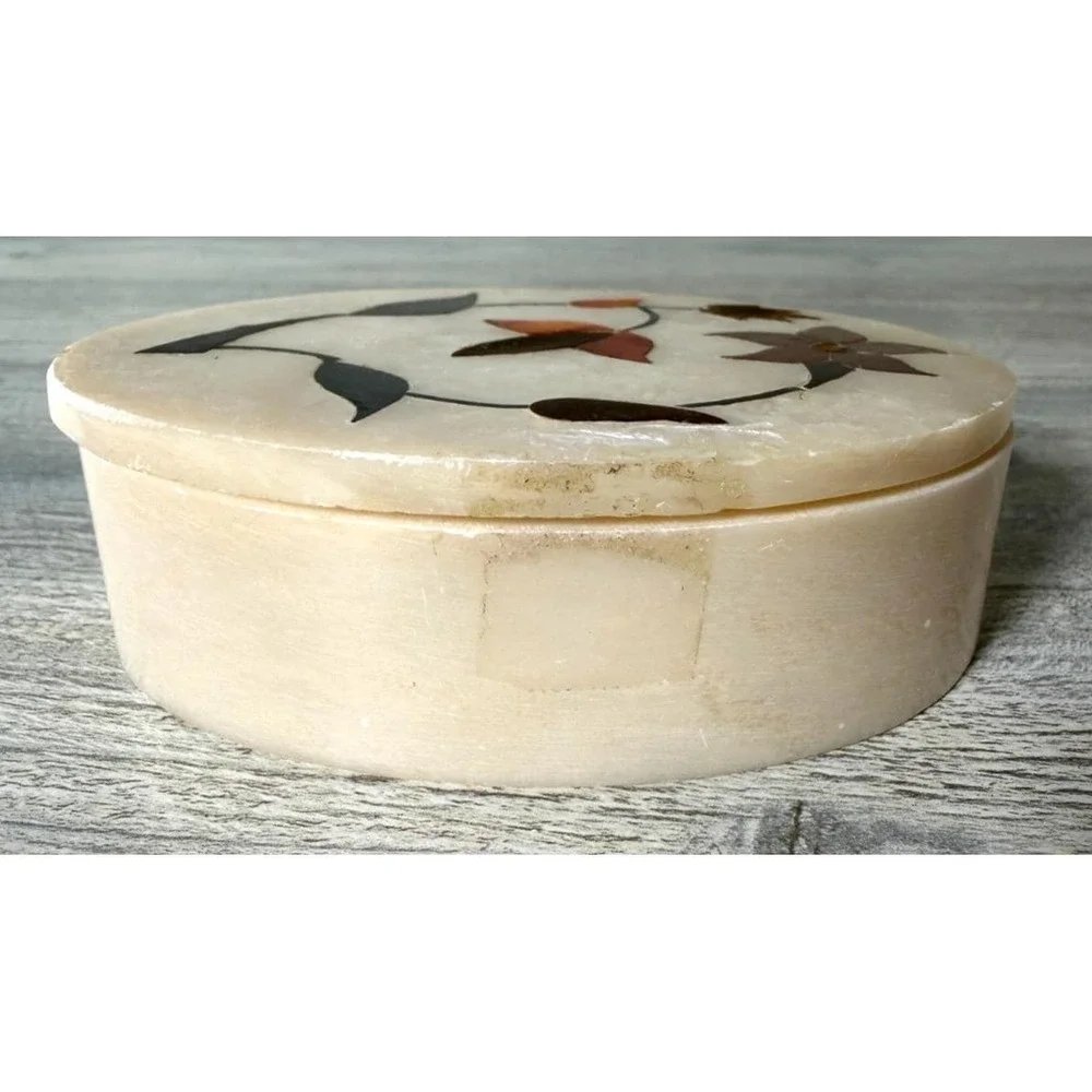 Stone Inlay Jewelry Box Marble Floral Mosaic Trinket Jewelry Box Oval Vtg Decor